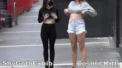 Slomo titty drop with a friend on the street